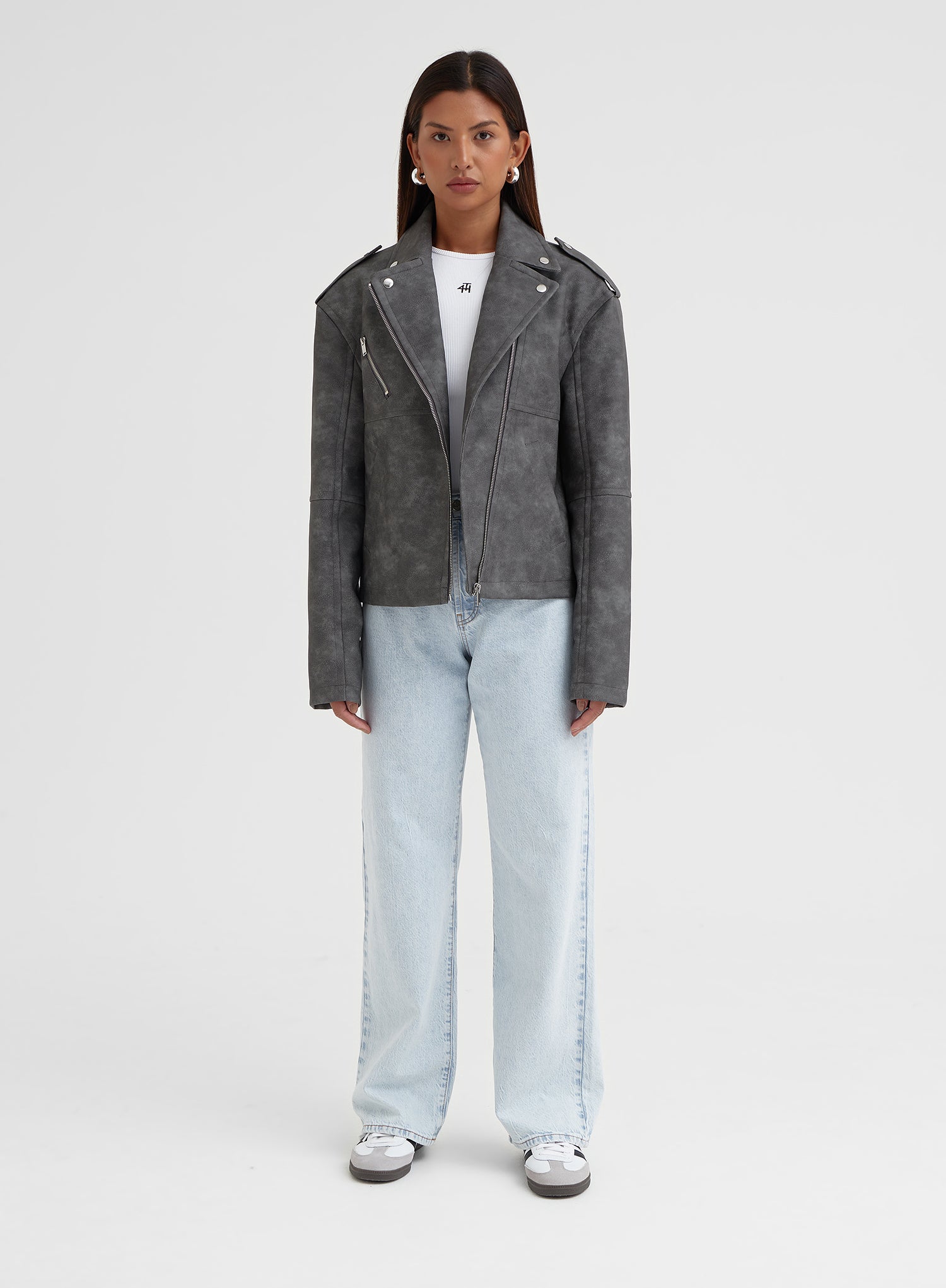 Grey Washed Faux Leather Biker Jacket